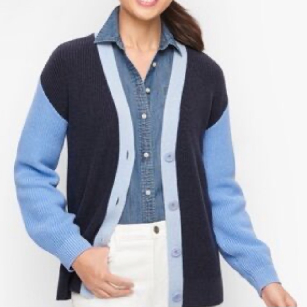 Talbots Navy and Blue Color Blocked Cardigan Size Small - Picture 1 of 5